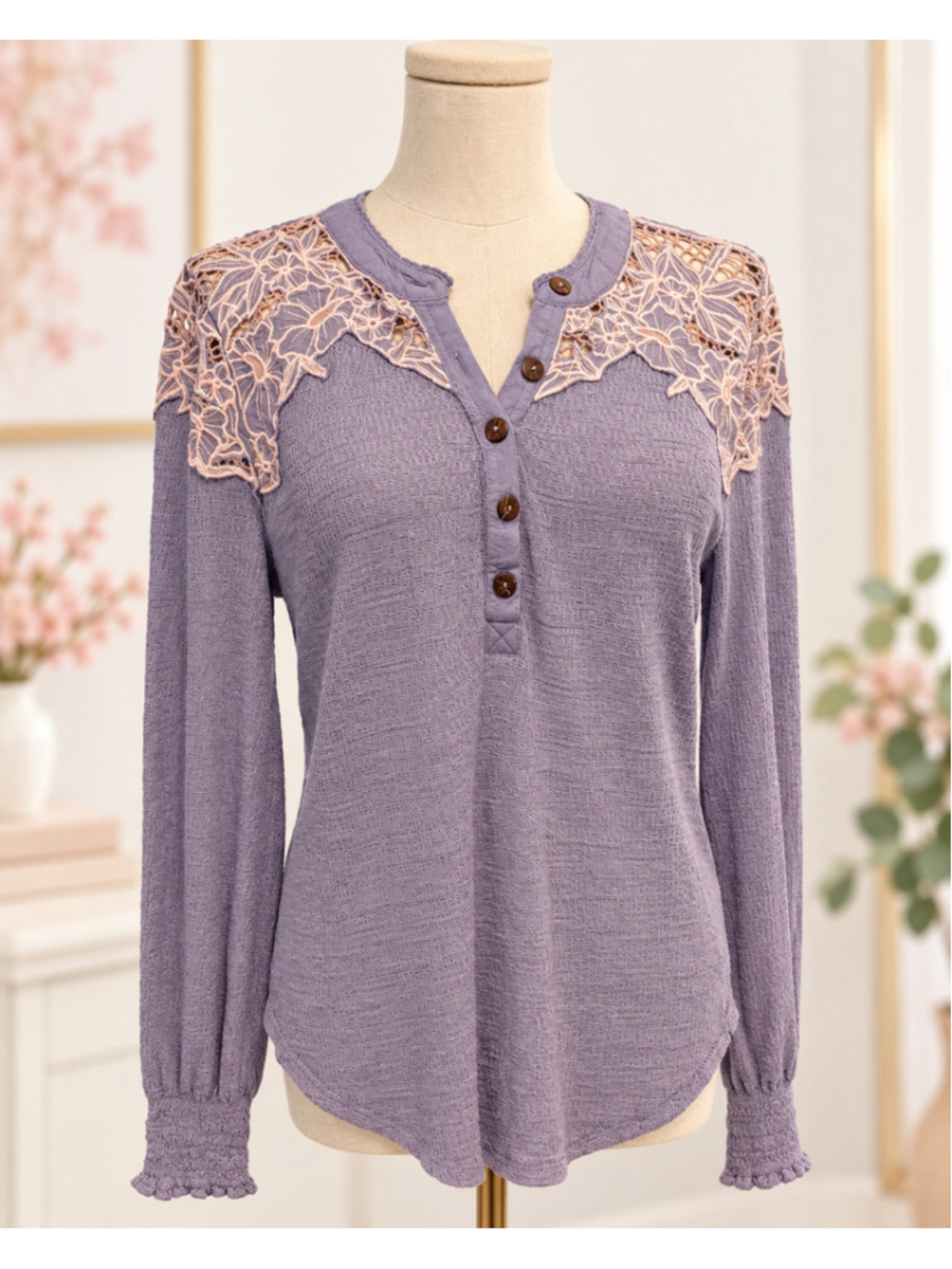 Free People Easy Breezy Henley Top Embroidered Lace Boho Mauve Size L